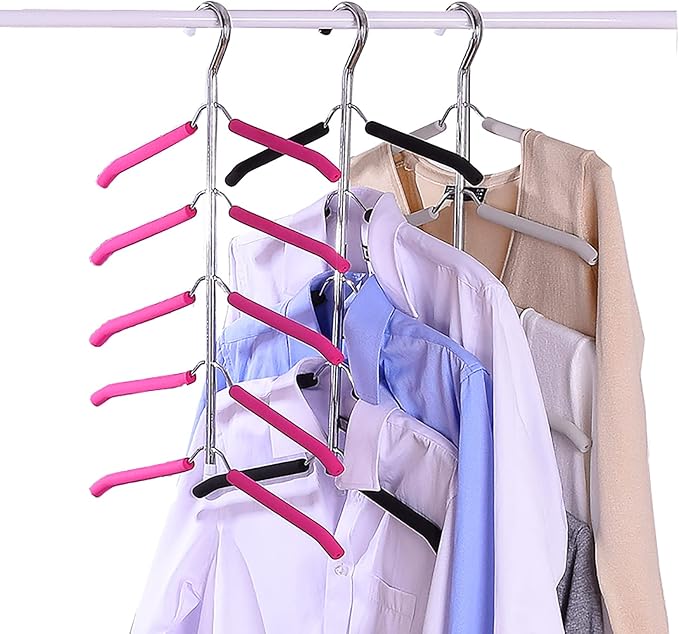 3 Pack 5 in 1 Blouse Tree Hangers Space Saving Clothes Hangers Swing Arm Non Slip Padded Coat Hanger Multi-Layer Clothes Hanger Heavy Duty Stainless Steel Sweater Shirt Hanger（Gray）