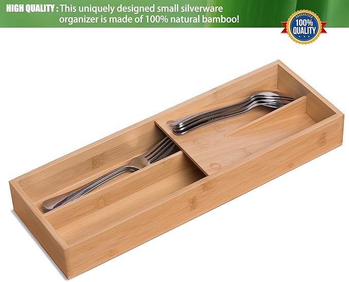 guiogc Bamboo Silverware Drawer Organizer, Kitchen Small Silverware Organizer, Utensil Tray Holder, Cutlery Tray for Spoons, Forks, Knives, Suitable for a family of 2-4
