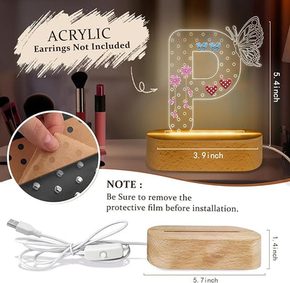 COSHAYSOO Initial Acrylic Earring Holder Organizer for Teenager Girls with Butterfly Decorations LED Night Light, Personalized Vanity Gifts for 8 9 10 11 12 13 14 15 16 Year old Girl Birthday Letter P