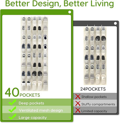 Over the Door Shoe Organizer with 40 Large Breathable Mesh Pockets, Space Saving Shoe Holder, Hanging Shoe Rack for Entryway Bedroom Closet Storage (Beige, 40 Pockets)