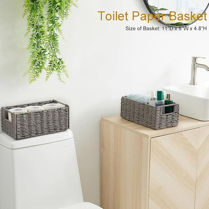 Vagusicc Wicker Storage Basket, Set of 2 Hand-Woven Paper Rope Wicker Basket, Small Storage Baskets for Organizing Toilet Paper Basket, Foldable Large Cube Storage Organizer Bins for Shelves (Grey)