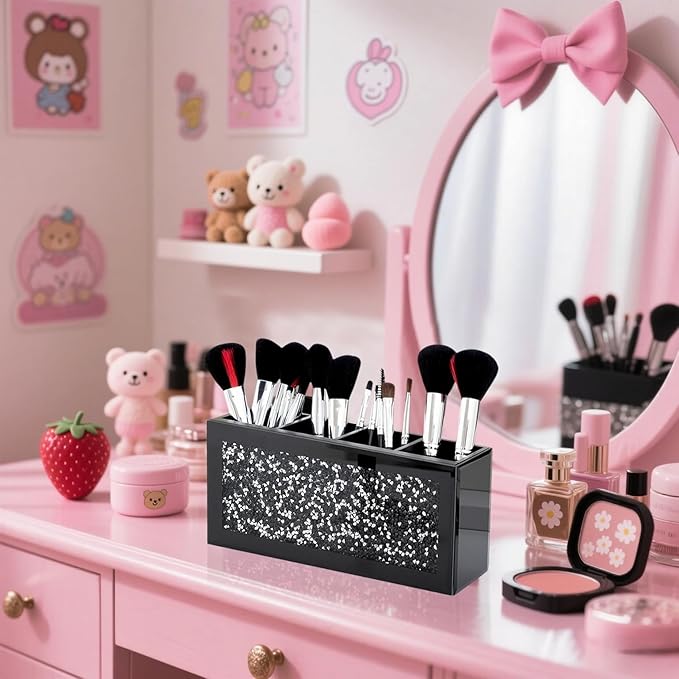 SHYFOY Black Makeup Brush Holder, 4-Compartment Makeup Organizer with Crushed Diamond Crystals, Vanity Cosmetics Organizer Solution, Pencil Holder Organizer for Desk