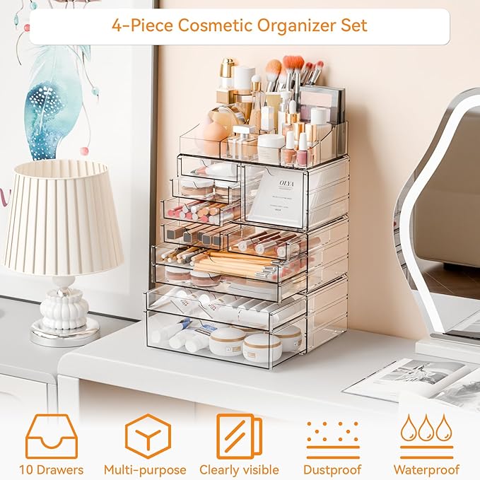 Yieach Acrylic Make up Organizers for Counter,Desk and Vanity,4 Pack Stackable Bathroom Counter Organizer with Drawers,Large Clear Makeup Organizers and Storage for Skincare,Cosmetic,Beauty Products