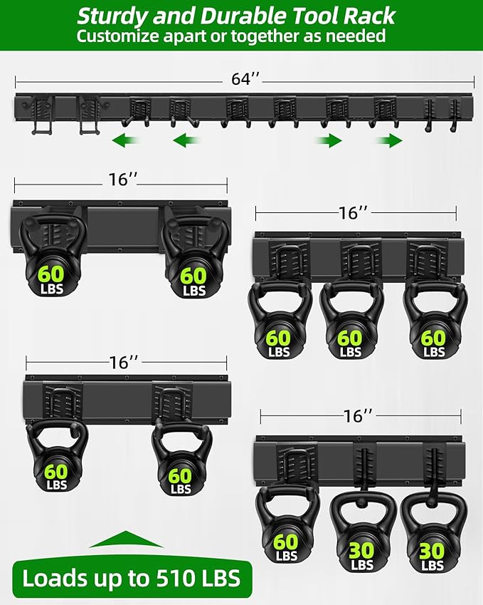 PIYILO 64 inches Garage Tool Organizer Wall Mount, Garden Tool Organizer Rack Heavy Duty, Hanging Storage Organization Racks Holder with 10 Hooks, for Lawn Tools, Shovel, Shed