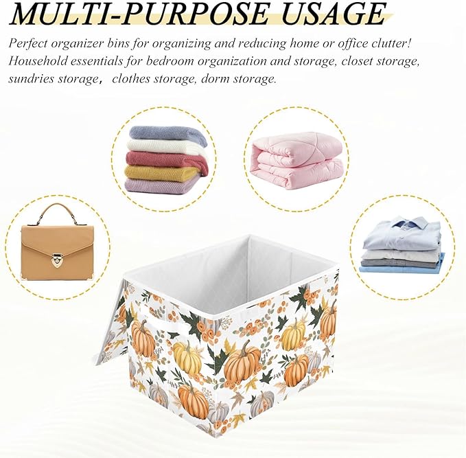 senya Thanksgiving Storage Baskets Collapsible Storage Bins with Lids, Pumpkins Flowers Leaves Thanksgiving Storage Boxes Clothes Baskets for Organizing