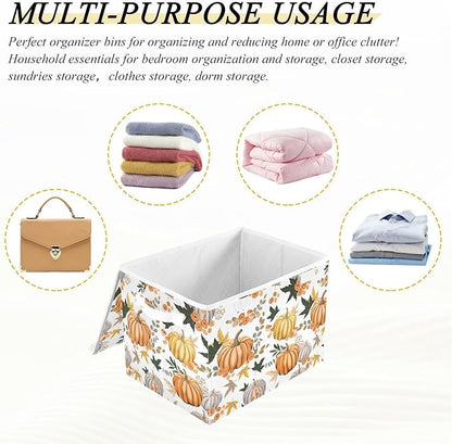 senya Thanksgiving Storage Baskets Collapsible Storage Bins with Lids, Pumpkins Flowers Leaves Thanksgiving Storage Boxes Clothes Baskets for Organizing