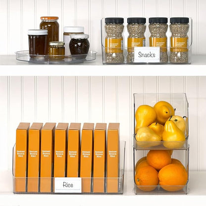 mDesign Stackable Plastic Food Storage Organizer Bin Basket with Open Front for Household Kitchen Cabinets, Pantry, Offices, Closets, Bedrooms, Bathrooms - 7.7" Wide, 4 Pack - Clear
