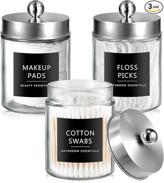 SheeChung 3-Pack Brushed Nickel Glass Apothecary Jars - Rust-Proof Stainless Steel Qtip Holder Set - Farmhouse Bathroom Vanity Organizer for Cotton Swabs, Balls, Pads - Small Storage Canisters