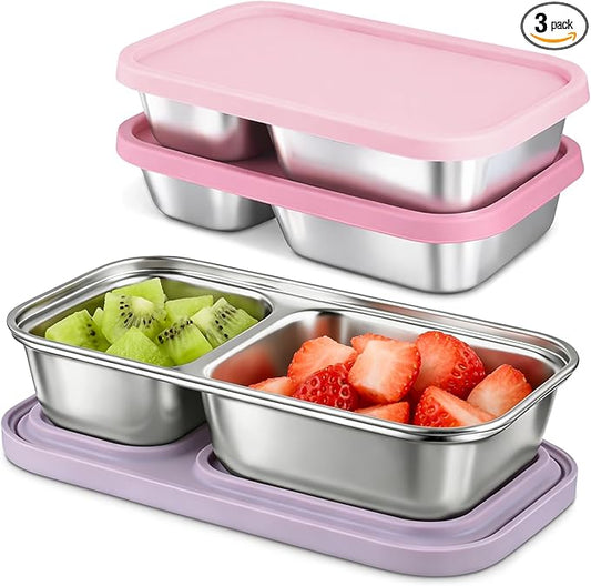 3 Pack Stainless Steel Snack Containers with Silicone Lids, 2-Compartment Snack Containers for Lunch, Office, Travel & Camping (Muted Lilac, Blush Pink, Dusty Rose)