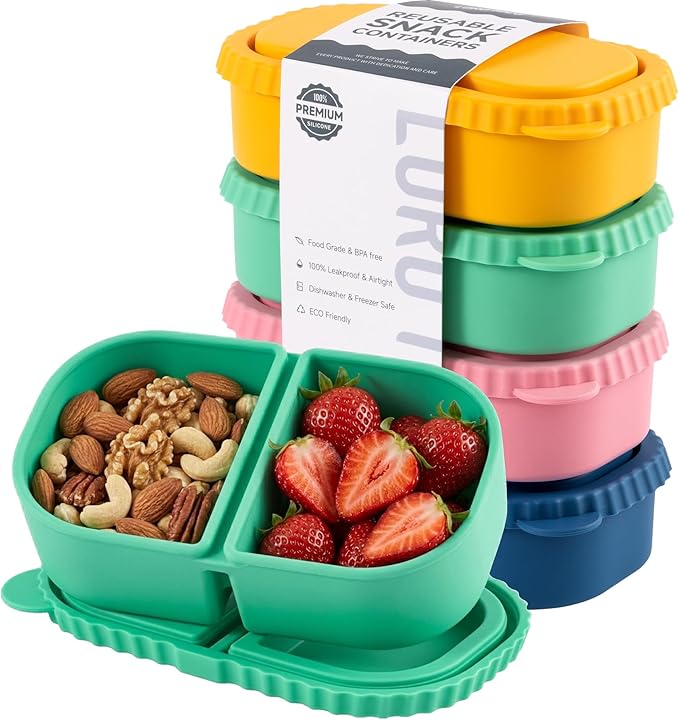 4 Pack Silicone Reusable Snack Containers with Lids - 8 oz Double Compartment Snackle Box for Kids & Adults, BPA-Free & Leakproof, Small for Dressing, School, Office