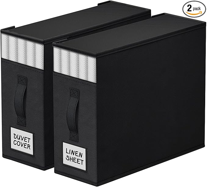 StorageTastic 2 Pack Bed Sheet Closet Organizers and Storage,Sturdy Foldable Storage Containers with Window and Label,Storage and Organization for Bedding Sheets,Duvet Covers,Blankets (Black)
