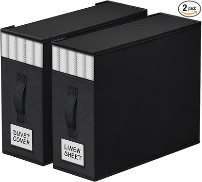 StorageTastic 2 Pack Bed Sheet Closet Organizers and Storage,Sturdy Foldable Storage Containers with Window and Label,Storage and Organization for Bedding Sheets,Duvet Covers,Blankets (Black)