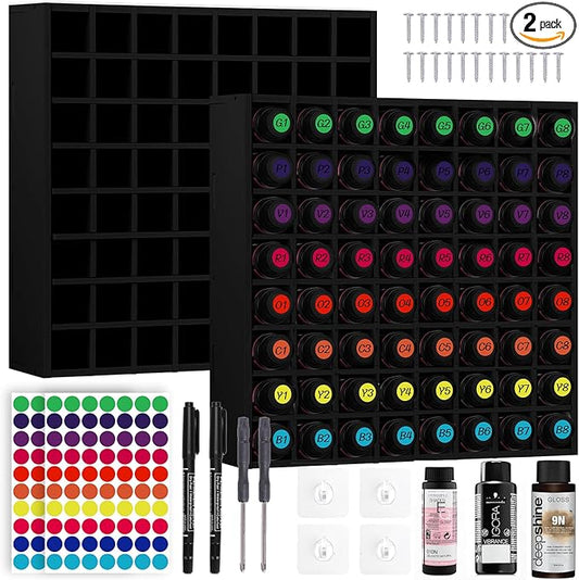 2 Pack of 128 Grids Black Hair Color Organizer for 2oz Shades EQ Wall Mounted Hair Color Rack Stackable Hair Dye Holder Paint Bottle Rack Stand for Salon Decor Lumishine Warhammer Use(2, Black)