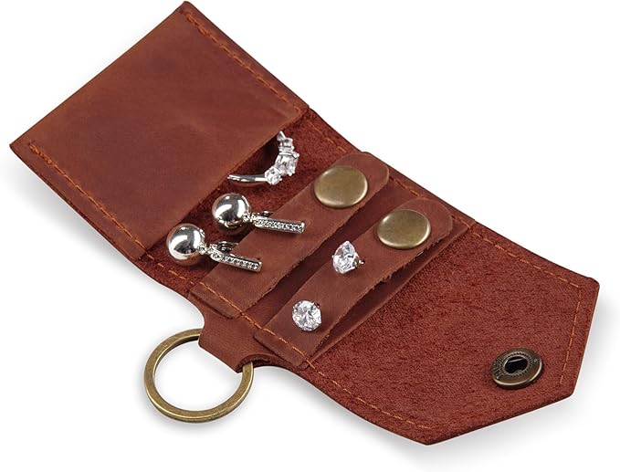 Leather Keychain Earrings Holder, Wedding Travel Case, Engagement Holder, Pouch Bag, Workout and Gym Ring Holder (Cognac)