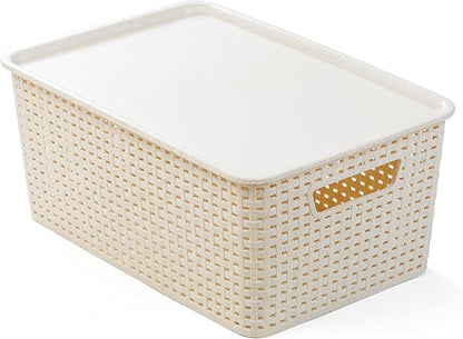 BINO | Plastic Storage Baskets with Lids, 15.5 Liter - 3 Pack, Natural | THE WOVEN COLLECTION | Storage Basket for Shelves | Woven Storage Baskets for Organizing Bins | Pantry Shelf Organizer Bin