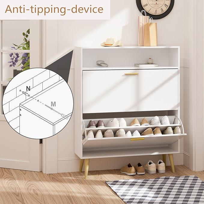 LYNSOM Shoe Cabinet Set of 2, Free Standing Tipping Bucket Shoe Rack Organizer with 2 Flip Drawers, Modern Entryway Shoe Storage with Top Display, Narrow Slim Hidden Shoe Cabinet (White)