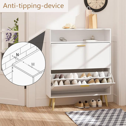 LYNSOM Shoe Cabinet, Free Standing Tipping Bucket Shoe Rack Organizer with 2 Flip Drawers, Modern Entryway Shoe Storage with Top Display, Narrow Slim Hidden Shoe Cabinet (White)