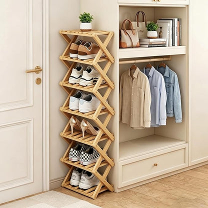 Narrow Shoe Rack, Foldable Bamboo Shoes Shelf for Small Spaces, Multifunctional Vertical Shoe Organizer Tall for Entryway, Closet, Corner, Bedroom, Hallway (Wood Color, 7 Layers)