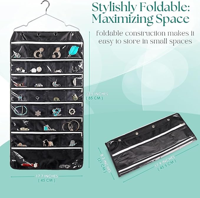 Flexzion Hanging Jewelry Organizer with Zippered Pockets - (1 Pack) Black Closet Jewelry Organizer Storage with Hanger, 56 Pockets Dual Sided Earring Organizer Hanging for Bracelets, Watches, Ring