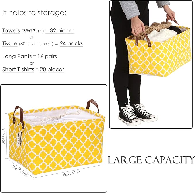 Sea Team Moroccan Pattern, Canvas Fabric Storage Basket, Collapsible Geometric Design, Storage Bin with Drawstring Cover and PU Leather Handles, 16.5 x 11.8 inches, Waterproof Inner, Yellow