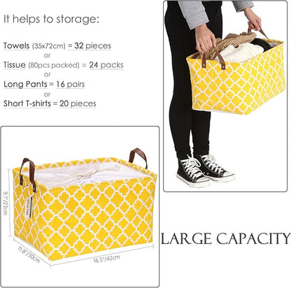 Sea Team Moroccan Pattern, Canvas Fabric Storage Basket, Collapsible Geometric Design, Storage Bin with Drawstring Cover and PU Leather Handles, 16.5 x 11.8 inches, Waterproof Inner, Yellow