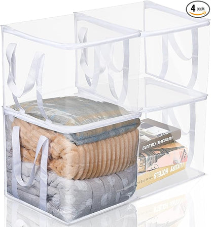 4 Pcs Clear Zippered Organizers 12''x12''x12'' Moving Bags with Reinforced Handles Heavy Duty Storage Cube Tote Storage Blanket Bags Bins for Clothes Moving Supplies Linens Shoes Closet Organizer