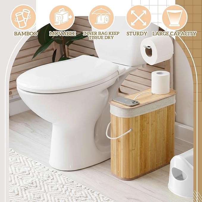 Leinuosen Bamboo Toilet Paper Storage Basket 8 Gallons/30 L Toilet Paper Organizer Holder with Lid Waterproof for Kitchen Bathroom Home(Beige,Regular)