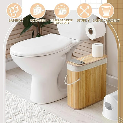 Leinuosen Bamboo Toilet Paper Storage Basket 8 Gallons/30 L Toilet Paper Organizer Holder with Lid Waterproof for Kitchen Bathroom Home(Beige,Regular)