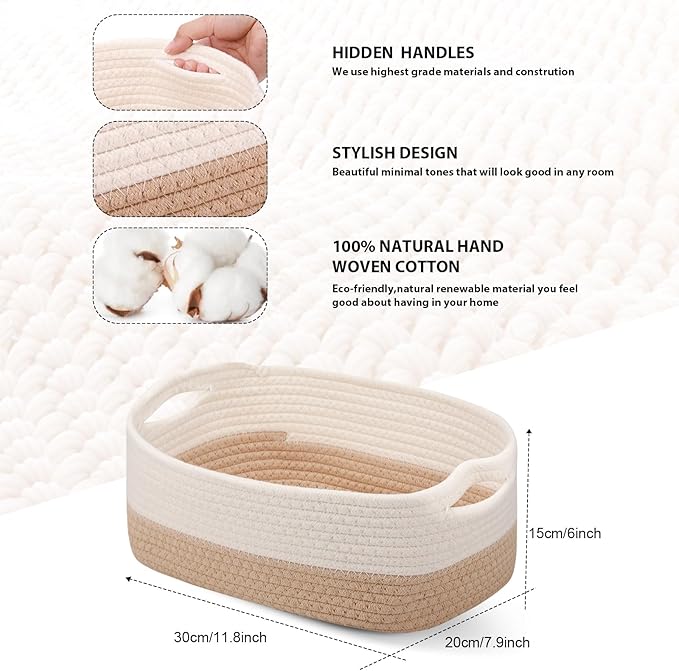 Sawysine 6 Pcs Storage Baskets Bulk for Organizing Cotton Rope Woven Basket with Handles for Gift Cloth Shelves Blanket Toys Living Room(Khaki and White)