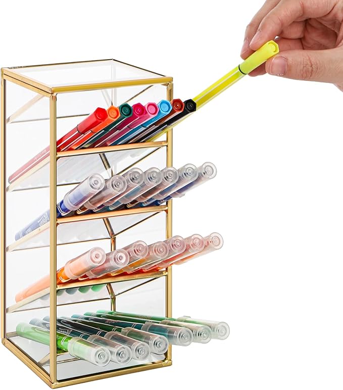 Peohud Rollerball Perfume Organizer, 4 Compartment Gold Glass Makeup Brush Holder, Vintage Desktop Organizer for Lipstick, Pen, Pencil, Home, Bathroom