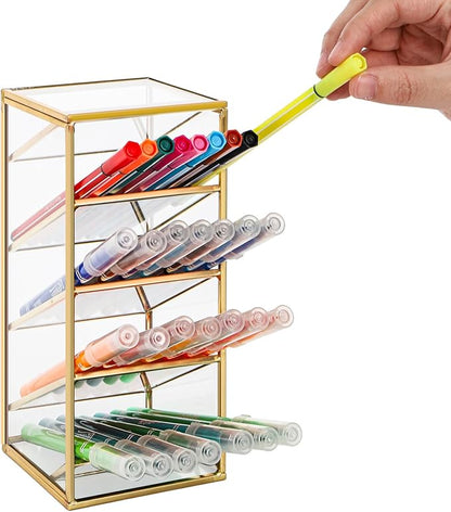 Peohud Rollerball Perfume Organizer, 4 Compartment Gold Glass Makeup Brush Holder, Vintage Desktop Organizer for Lipstick, Pen, Pencil, Home, Bathroom