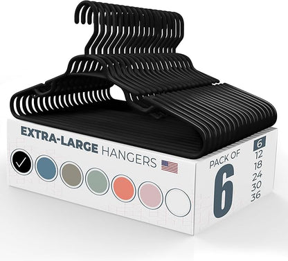 Large & Wide Heavy Duty Clothes Hangers 6 Pack – Made in USA – Ideal for Plus Size Clothing – 10lb Plastic Hangers with Notches for Oversized Adult Coats & Pants – Black