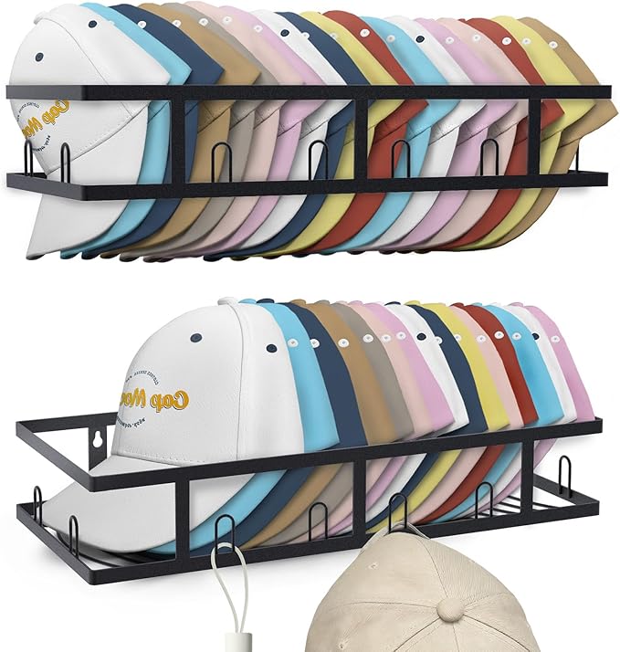 Metal Hat Rack for Wall, Holds 60+ Baseball Caps, 2-Pack Sturdy Wall Mounted Display Hat Organizer for Closet Hat Storage Holder, Black