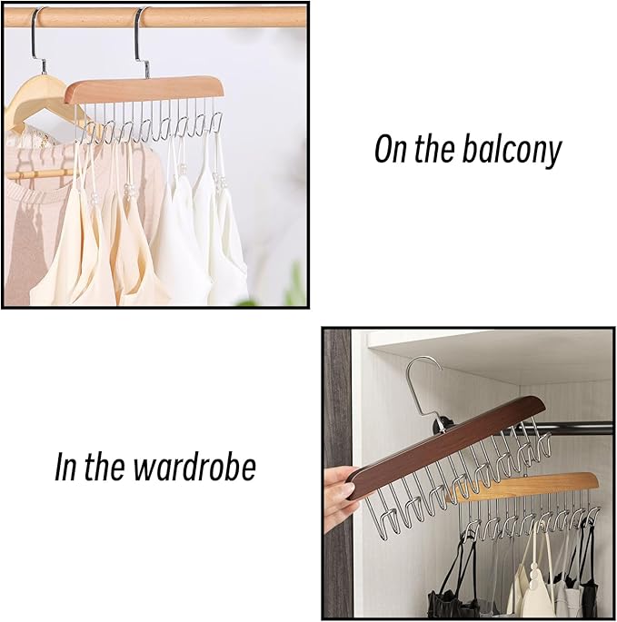 Belt Hanger 2Pcs Belt Hanger with 16 Hooks Bra Hangers for Closet,Space-Saving Wooden Closet Hanger Organizer for Ties, Scarves, Bras,Tank, Tops (1Wood Color 1Brown)