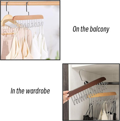 Belt Hanger 2Pcs Belt Hanger with 16 Hooks Bra Hangers for Closet,Space-Saving Wooden Closet Hanger Organizer for Ties, Scarves, Bras,Tank, Tops (1Wood Color 1Brown)