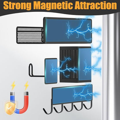 Magnetic Spice Rack for Refrigerator, 10 Pack 100% Metal Strong Magnet Shelf, Moveable Spice Organizer W/ Adjustable Paper Towel Holder, Hook Rack & Utensil Caddy, Home Kitchen Laundry Storage, Black