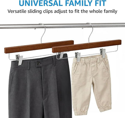 ZOBER Wooden Pants Hangers with Clips - 10 Pack Premium Wood Skirt Hangers for Women, Heavy Duty Wooden Hanger with Adjustable Metal Grip Clips for Jeans and Shorts, Smooth Finish, Vintage Wood