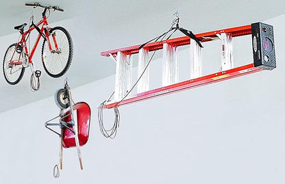 HARKEN Hoister - Overhead Garage Storage 1 Point Hoist System for Bikes, Ladders (45lb Capacity, 10ft Ceiling) Space-Saving Organization, Easy One-Person Operation, Safe Anti-Drop, Self-Leveling, 7800