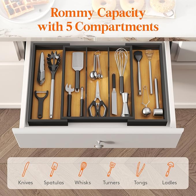 Lifewit Utensil Organizer for Kitchen Drawer, Expandable Cooking Utensil Tray, Cutlery Silverware Flatware Holder, Wood Adjustable Spatula Tools Storage Divider, 33 -56x38cm, Natural and Black