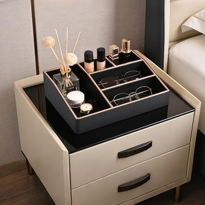 PU Leather Makeup Organizer Tray,Large Vanity Organizer,Cosmetic Storage Box for Lipstick Brushes Skincare Perfume,Cosmetic Display Case Rose Gold-trimmed for Dresser,Bathroom Countertop(Black)