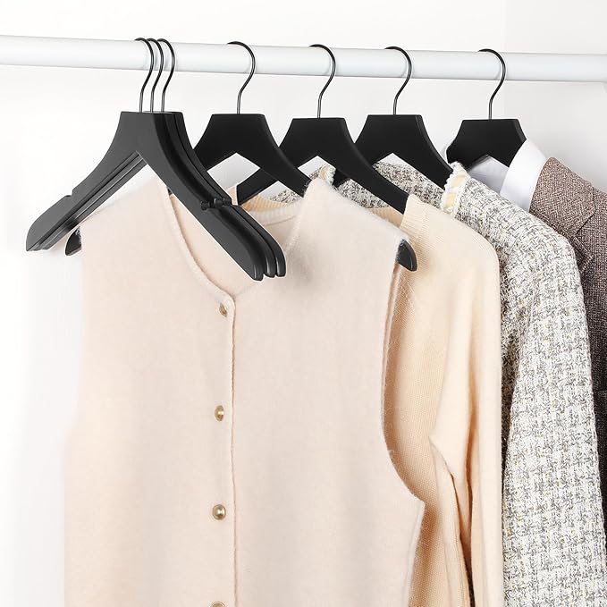 TOPIA HANGER Wooden Hangers 20 Pack, Rubber Wood Clothes Hangers with Rotatable Black Hook and Smooth Cut Nothces, Durable Hanger for Coats, Suits, Jackets, Sweaters, Dresses, Black - CTS07B