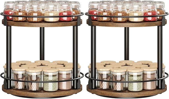YATINEY Spice Rack, Set of 2 Lazy Susan Organizer, 2-Tier Turntable Organizer, Rotating Spice Rack Organizer For Cabinet, Compact and Versatile, for Kitchen Countertop, Rustic Brown SR22L2BR