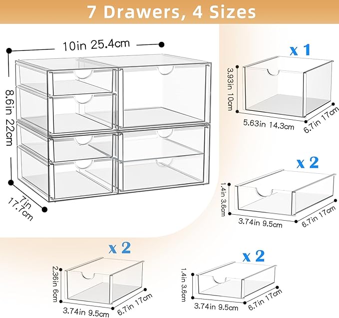 YFXCVSL Clear Stackable Storage Drawers, Acrylic Makeup Organizer with 7 Drawers, Bathroom Organizers and Storage, Plastic Bins for For Vanity, Undersink, Kitchen Cabinets, Pantry