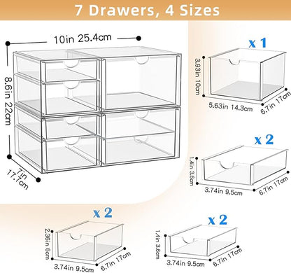 YFXCVSL Clear Stackable Storage Drawers, Acrylic Makeup Organizer with 7 Drawers, Bathroom Organizers and Storage, Plastic Bins for For Vanity, Undersink, Kitchen Cabinets, Pantry