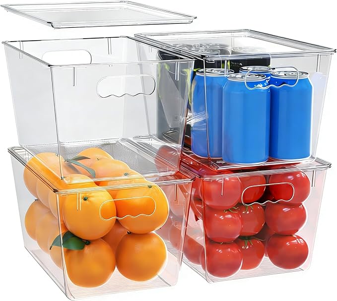 YAN & HIN 4 Pack Clear Storage Bins with Lids, Stackable Plastic Organizer Bins with Handles, Pantry Organizers and Storage for Kitchen Cabinet, Fridge, Bathroom, Closet and Shelf Organization