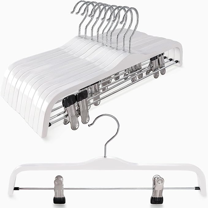 TOPIA HANGER Wooden Pants Hangers,Slim Natural Wood Skirt Hangers with Anti-Rust Hook and Adjustable Metal Clips, Perfect for Skirts,Pants,Slacks-10 Pack-CT17W