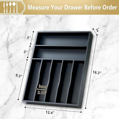 Silverware Organizer, 12.5 Inch Utensil Organizer Kitchen Drawer Organizer Bamboo Silverware Holder Cutlery Tray Organizer in Drawer Flatware Organizer Tray(7 slots, Black）