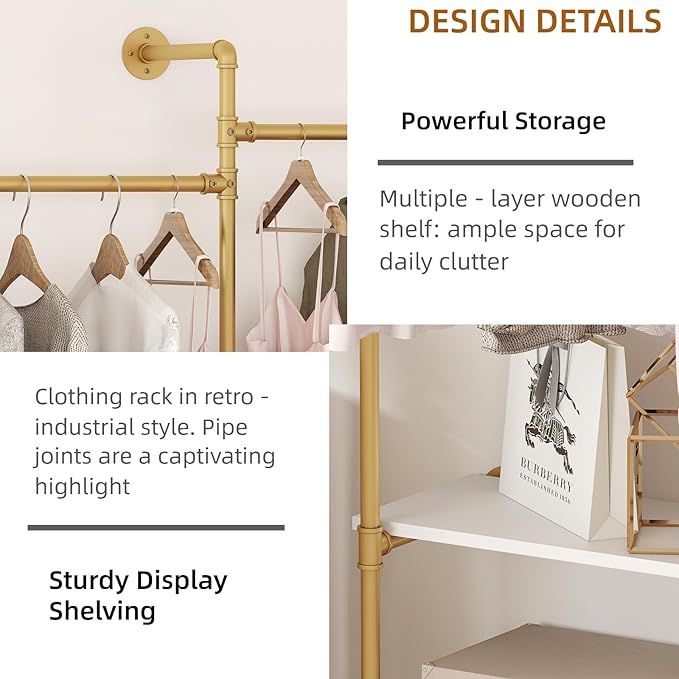 Industrial Pipe Clothes Rack,Wall Mounted Closet Wardrobe Rack, Corner L Shaped Walk-in Closet System, 2 Installation Methods (Gold, 80" H x 86" W)