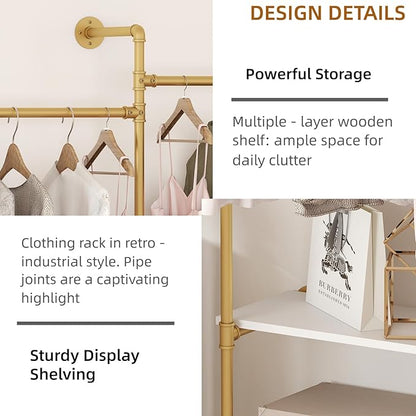 Industrial Pipe Clothes Rack,Wall Mounted Closet Wardrobe Rack, Corner L Shaped Walk-in Closet System, 2 Installation Methods (Gold, 80" H x 86" W)