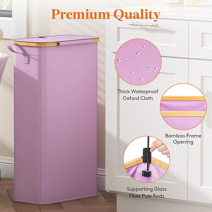 Lifewit 65L Slim Laundry Hamper with Lid, Narrow Laundry Basket with Removable Bag & Bamboo Handles, Fodable Thin Dirty Clothes Hamper for Laundry Collapsible Bin for Bathroom Bedroom Dorm, Purple
